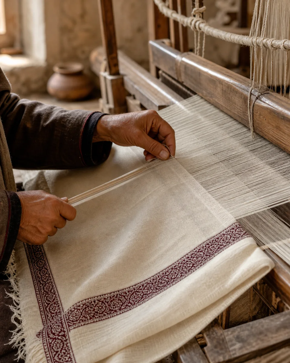 Kashmiri artisan hand-weaving an ivory Pashmina shawl on a traditional wooden loom