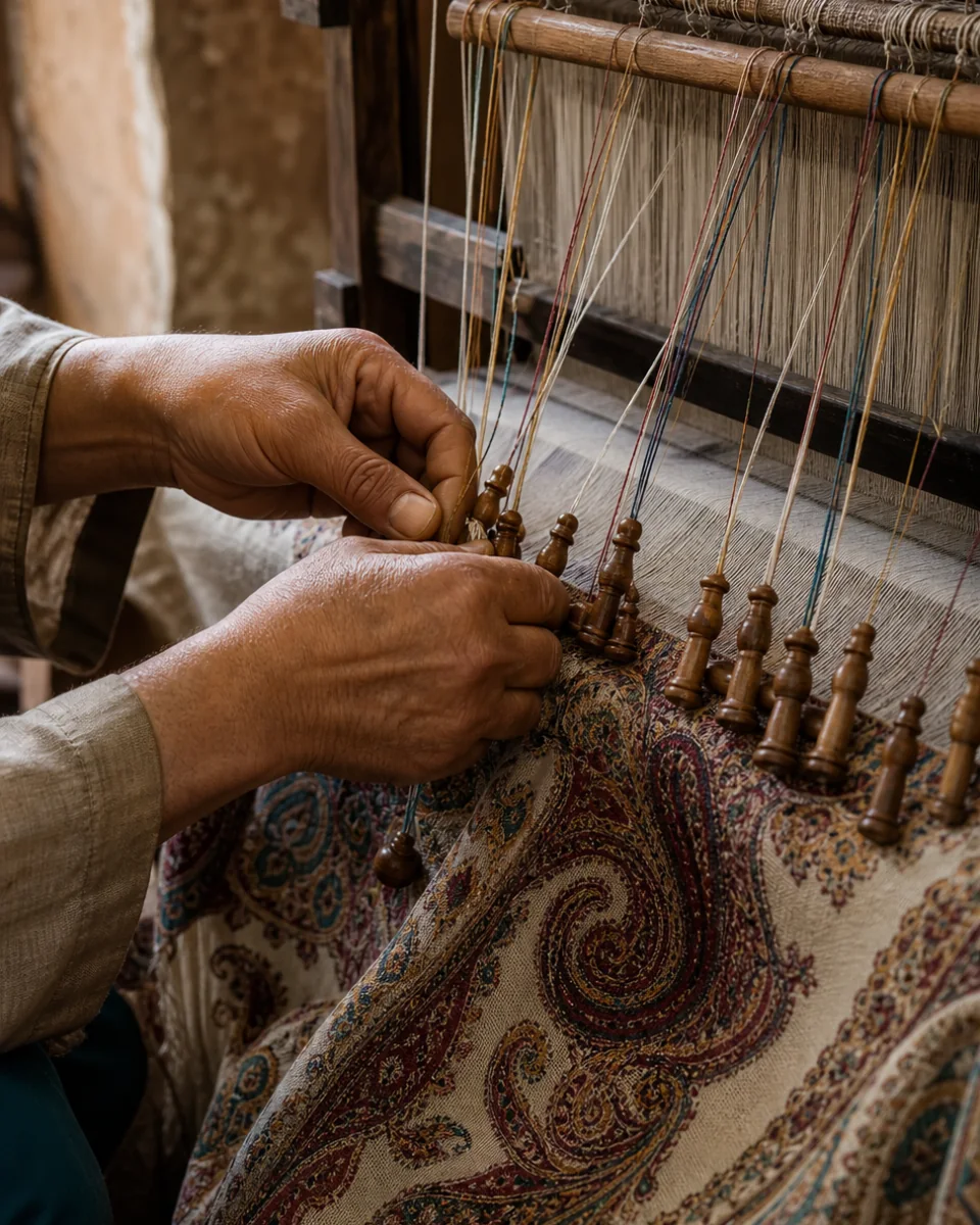 Kani weaver shaping a detailed paisley shawl with wooden kanis on a traditional loom