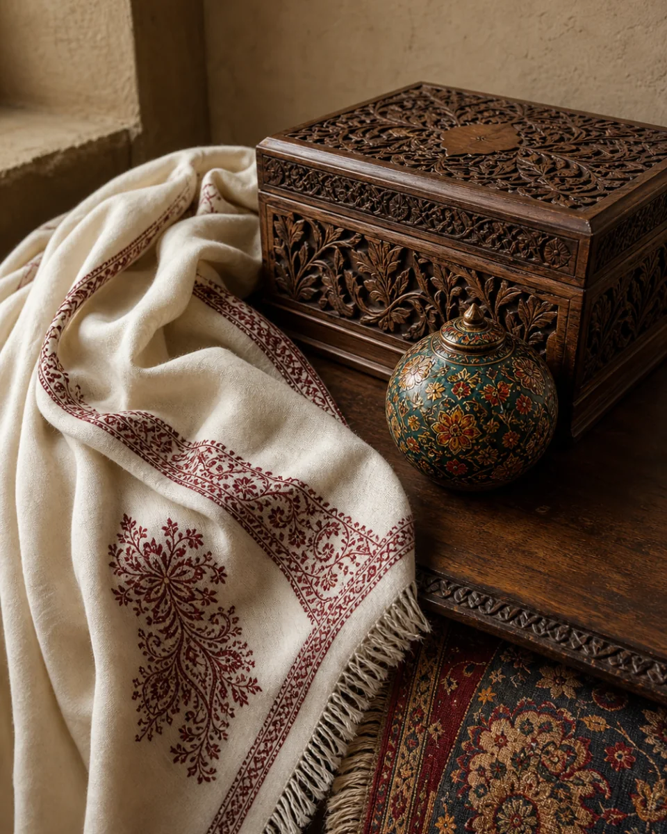 Curated Kashmiri Pashmina, carved walnut wood, papier-mâché and hand-knotted carpet