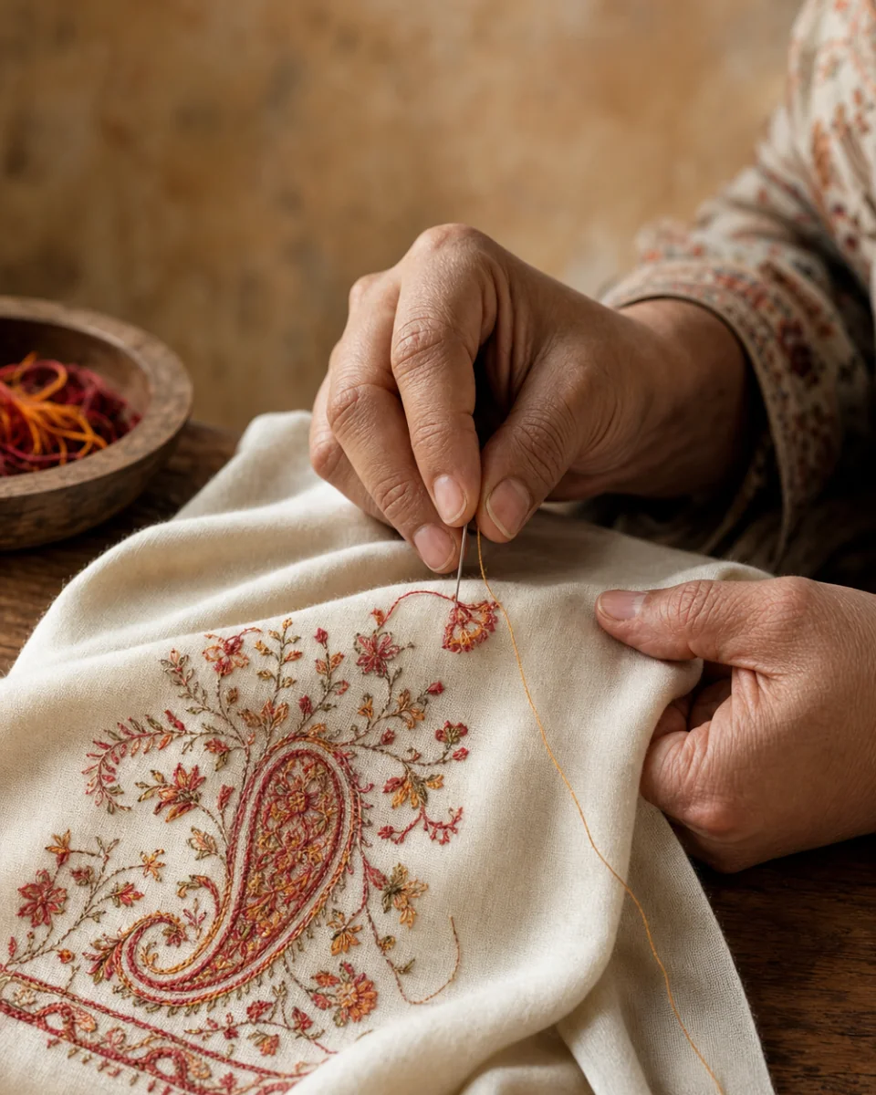 Artisan creating fine Sozni embroidery on an ivory Pashmina shawl