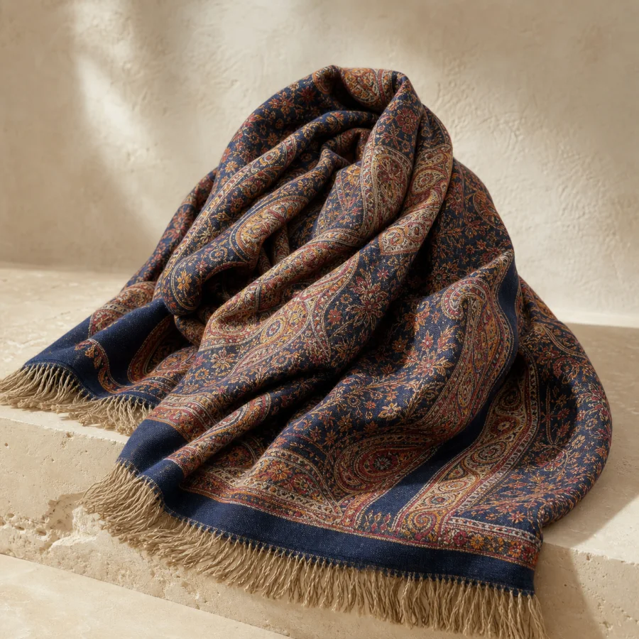 Midnight blue Kani Jamawar Pashmina shawl with intricate Kashmiri paisley weaving