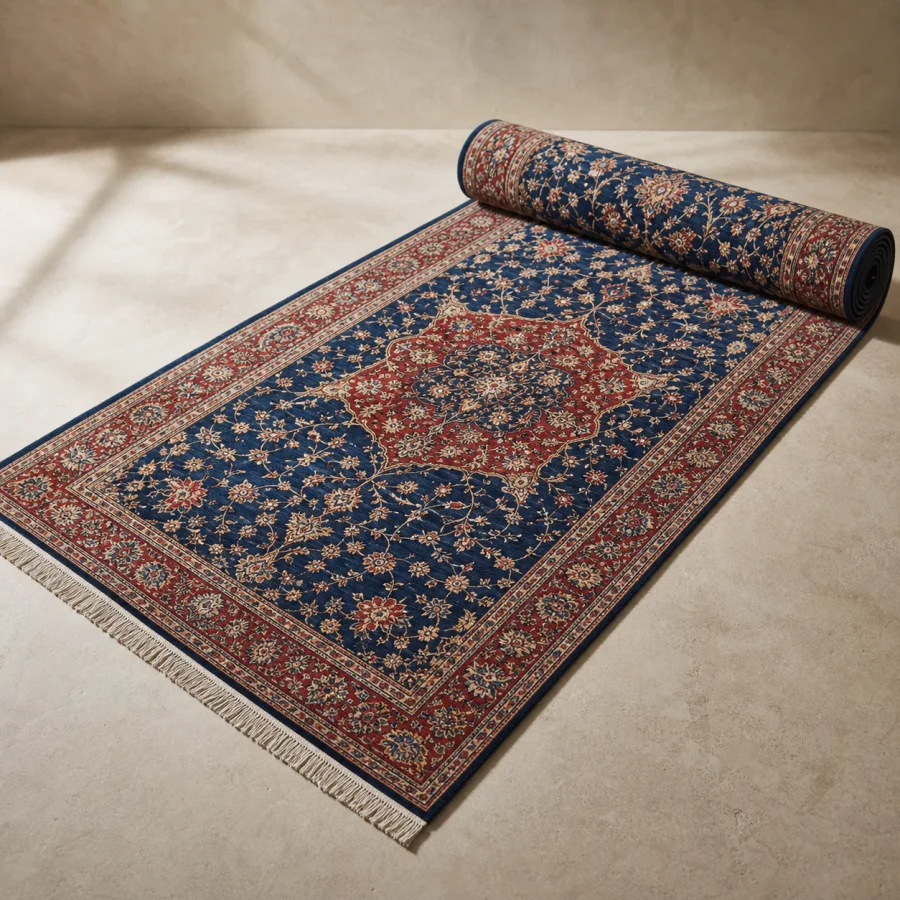 Indigo and ruby hand-knotted Kashmiri silk carpet with a floral medallion