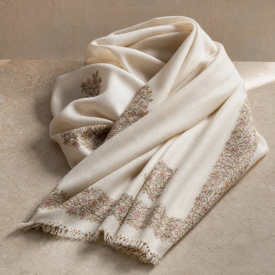 Ivory Pashmina stole with delicate floral Sozni hand embroidery