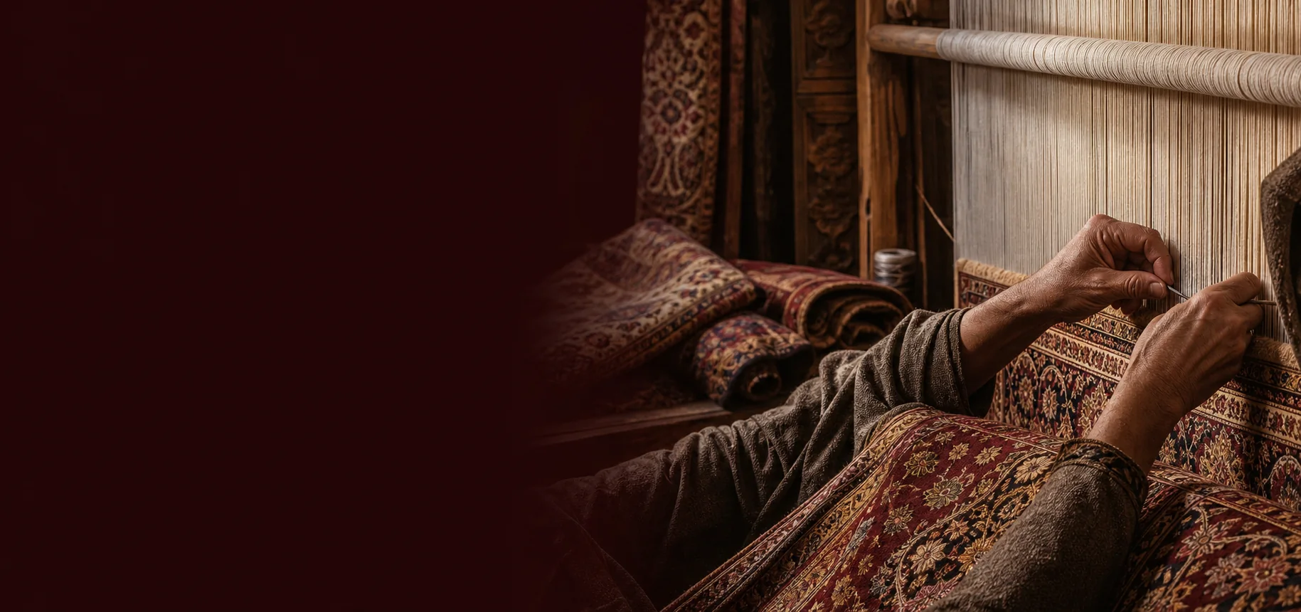 Artisan hand-knotting an intricate Kashmiri carpet at a traditional loom