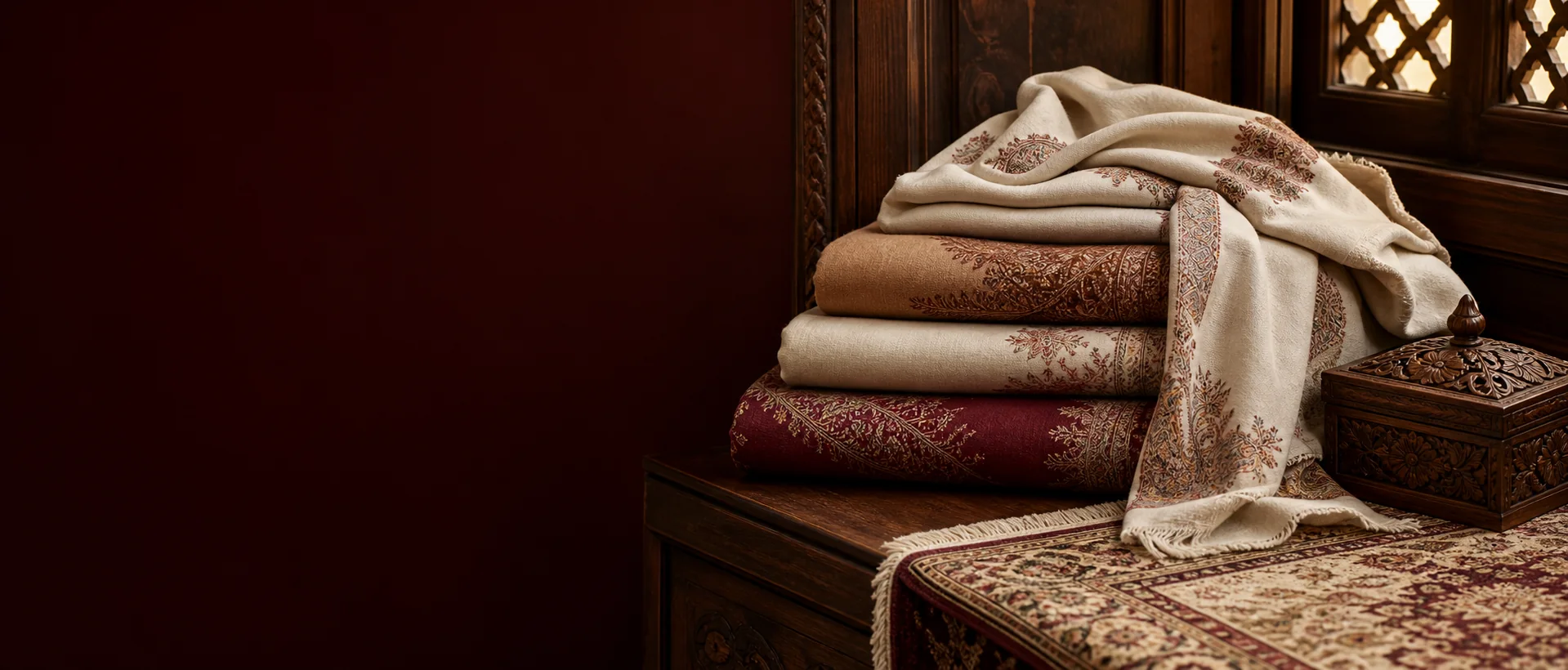 Curated pashmina shawls, carpet detail and carved walnut woodwork in a heritage interior