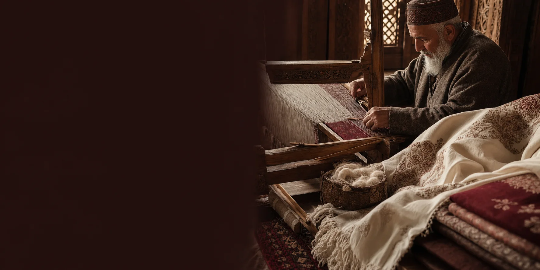 Kashmiri artisan weaving a fine pashmina shawl on a traditional wooden loom