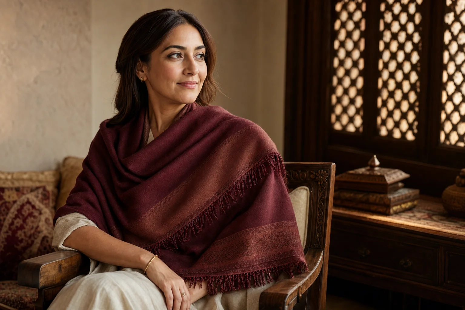 Woman wearing an oxblood Pashmina wrap in a warm heritage interior