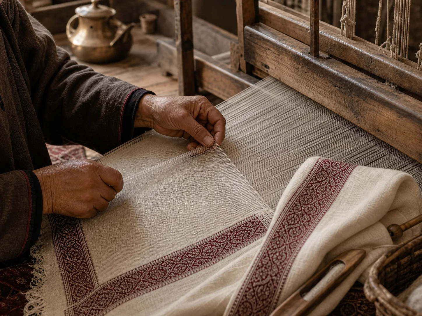 Kashmiri artisan hand-weaving an ivory Pashmina with an oxblood border